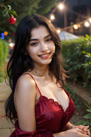 beautiful cute young attractive indian girl, village girl, 20 years old, cute,  Instagram model, long black hair, smiling, warm, red dress , with red rose