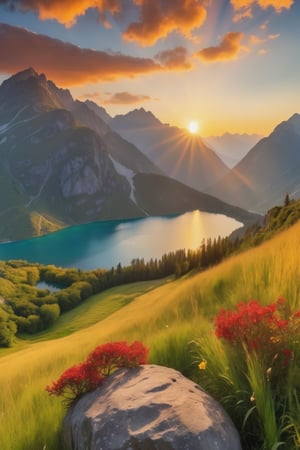 (Panoramic shot, aerial view) sunset on a lake, foreground on the right a big stone in the tall grass, yellow and red flowers surrounding it, on the left a leafy tree, in the background mountains, on the mountain tops surrounded by clouds, the sun hiding between the mountains and the red sun rays piercing the clouds.