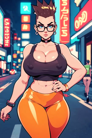 Masterpiece, Best Quality, looking at viewer. cleavage , brown hair, (shaved sides hair cut), ((Mohawk hairstyle)), ((thick rimmed square glasses)), ((large breasts)), perfect breasts, perfect face, perfect composition, ultra-detail, sexy expression, slim figure,m, cyberpunk, (leather jacket), ((orange tank top)), red shiny tight leggings, (solo), set in a futuristic street, chocker, at night, neon signs,