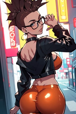 Masterpiece, Best Quality, looking at viewer. cleavage , brown hair, (shaved sides hair cut), ((Mohawk hairstyle)), ((thick rimmed square glasses)), ((large breasts)), perfect breasts, perfect face, perfect composition, ultra-detail, sexy expression, slim figure, wide stance, cyberpunk, (leather jacket), orange tank top, red shiny tight leggings, (solo), set in a futuristic street, chocker, at night, neon signs, fighting pose, view from behind, perfect ass