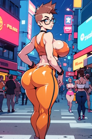 Masterpiece, Best Quality, looking at viewer. cleavage , brown hair, (shaved sides hair cut), ((Mohawk hairstyle)), ((thick rimmed square glasses)), ((large breasts)), perfect breasts, perfect face, perfect composition, ultra-detail, sexy expression, slim figure, wide stance, cyberpunk, (leather jacket), orange tank top, red shiny tight leggings, (solo), set in a futuristic street, chocker, at night, neon signs, fighting pose, view from behind, perfect ass