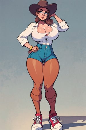 Masterpiece, Best Quality, wearing a white shirt, wearing a large cowboy hat, looking at viewer. cleavage , brown hair, braided hair, freckles, (daisy duke hot pants),((thick rimmed square glasses)), ((large breasts)), perfect breasts, perfect face, perfect composition, ultra-detail, sexy expression, slim hourglass figure ,thepit, standing in a ranch, sneakers, full-body pose,