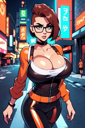 Masterpiece, Best Quality, looking at viewer. cleavage , dark brown hair, (shaved sides hair cut), ((Mohawk hairstyle)), ((thick rimmed square glasses)), ((large breasts)), perfect breasts, perfect face, perfect composition, ultra-detail, sexy expression, slim figure,m, cyberpunk, ((leather jacket)), (((orange) tank top)), ((red) shiny tight leggings), (solo), set in a futuristic street, chocker, at night, neon signs,