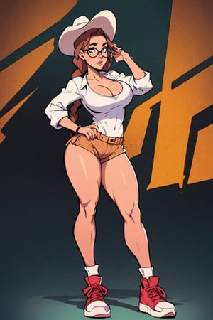 Masterpiece, Best Quality, wearing a white shirt, wearing a large cowboy hat, looking at viewer. bare legs, cleavage , brown hair, braided hair, freckles, (daisy duke hot pants),((thick rimmed square glasses)), ((large breasts)), perfect breasts, perfect face, perfect composition, ultra-detail, sexy expression, slim hourglass figure ,thepit, standing in a ranch, sneakers, full-body pose,