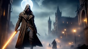 best quality, masterpiece,	
Hunter: In the haunting moonlight that pierces through the dense fog of Yharnam, a figure clad in a tattered long coat stands ready, a trick weapon in hand, embodying the essence of survival and determination against the nightmarish creatures that roam the streets.

ultra realistic illustration, siena natural ratio, ultra hd, realistic, vivid colors, highly detailed, UHD drawing, perfect composition, ultra hd, 8k, he has an inner glow, stunning, something that even doesn't exist, mythical being, energy, molecular, textures, iridescent and luminescent scales, breathtaking beauty, pure perfection, divine presence, unforgettable, impressive, breathtaking beauty, Volumetric light, auras, rays, vivid colors reflects.,LegendDarkFantasy,cyberpunk style