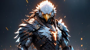 (((dark consept))), ((eagle head, pointed beak)), (masterpiece, best quality:1.5), EpicLogo, white glowing armor, robot, gold irradiated armor, luminous stoic face, look on viewer, eagle style, central view, hyper real, hues, Movie Still, cyberpunk, full body, cinematic scene, intricate mech details , ground level shot, 8K resolution, Cinema 4D, Behance HD, polished metal, shiny, data, ethereal fire emitting from armor, hair in dreadlock braids, cross on chest plate, glowing sword, skyfall background, muscular and broad shouldered