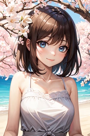 (masterpiece), nature, blue sky, sunlight, light particles, cherry blossoms, 1girl, white dress, smile, medium hair, black hair