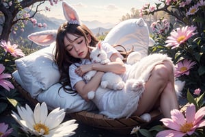 ultra detailed splash art of a very cute girl sleeping, floating in air,dynamic background,very cute,innocent,a cute stuffed fluffy rabbit,cuteloli,flower particles