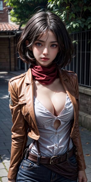 Cute beautiful girl, outdoor, eyes shining, natural light, cinematic light, realistic body, detailed body, detailed eyes, realistic face, masterpiece, cleavage, 
hmmikasa, short hair, black eyes, scarf, emblem, belt, thigh strap, red scarf, white pants, brown jacket, long sleeve, messy clothes, 

  high quality, 8k, best quality,{{masterpiece}}},  {{{best quality}}},  {{{ultra-detailed}}},  {cinematic lighting},  {illustration}, 1girl, sexy big breasts,  pretty eyes,  pretty face, perfect breasts, 3DMM, prefect eyes, detailed eyes, big brown eyes, looking at the viewer, blush face, white skin, black hair,mikasa, big breasts