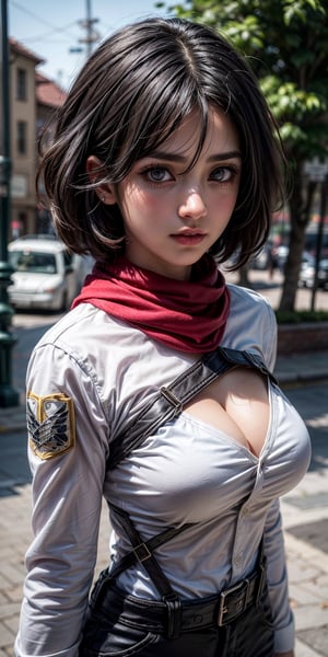 Cute beautiful girl, outdoor, eyes shining, natural light, cinematic light, realistic body, detailed body, detailed eyes, realistic face, masterpiece, cleavage, 
hmmikasa, short hair, black eyes, scarf, emblem, belt, thigh strap, red scarf, white pants, brown jacket, long sleeve, messy clothes, 

  high quality, 8k, best quality,{{masterpiece}}},  {{{best quality}}},  {{{ultra-detailed}}},  {cinematic lighting},  {illustration}, 1girl, sexy big breasts,  pretty eyes,  pretty face, perfect breasts, 3DMM, prefect eyes, detailed eyes, big brown eyes, looking at the viewer, blush face, white skin, black hair,mikasa, big breasts