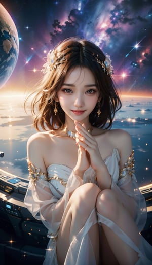 A space goddess in her space city, wearing a flowing, ethereal dress sparkling with the colors of the galaxy. Nebula, distant galaxy, twinkling stars, space landscape, beautiful Korean 18-year-old girl, {beautiful and delicate eyes}, {normal limbs and fingers}, ((accurate hands without discomfort)), high quality, beauty face,
Medium_chest, detailed face, brown eyes, perfect feet, perfect hands, perfect fingers, clear facial skin, slim and perfect body, real hands, looking at viewer, realism