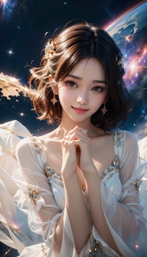 A space goddess in her space city, wearing a flowing, ethereal dress sparkling with the colors of the galaxy. Nebula, distant galaxy, twinkling stars, space landscape, beautiful Korean 18-year-old girl, {beautiful and delicate eyes}, {normal limbs and fingers}, ((accurate hands without discomfort)), high quality, beauty face,
Medium_chest, detailed face, brown eyes, perfect feet, perfect hands, perfect fingers, clear facial skin, slim and perfect body, real hands, looking at viewer, realism