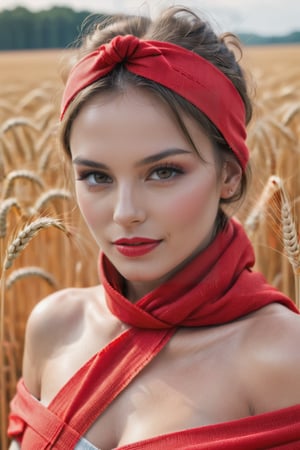 beautiful woman, close-up on face,  standing in middle of wheat field, body wrapped in only red bandages, clothes made of red bandages, red string, seductive, seductive biting lower lip, glint in eyes, focus on face
