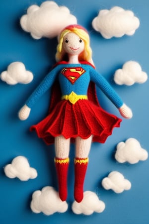 A knitted wool model of Supergirl. smiling, flying through cotton clouds, 