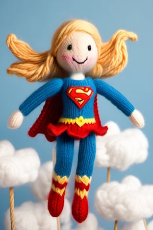 A knitted wool model of Supergirl. smiling, flying through cotton clouds, 