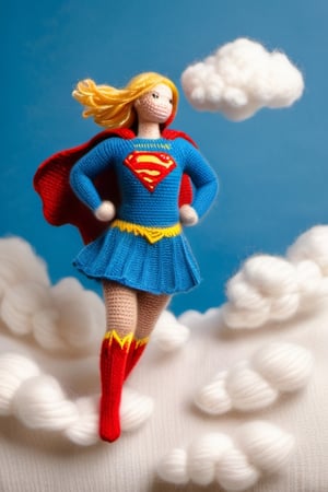 A knitted wool model of Supergirl, flying through cotton clouds