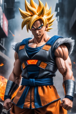 Super detailed live-action Dragon Ball Goku, strong and exaggerated body, body emitting flames, wearing armor, cyberpunk city, movie environment.