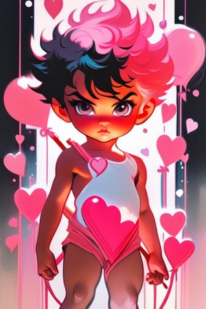 Front view, long shot, full body, baby cupid with shorts wet hair covered in pink and light pastel creamy bubbles, Bows and arrows have heart-shaped heads prepare to shoot in his hand , resting on the petals in the style of stefan kostic,art by Agnes Cecile,  art by stanley lau, artgerm, wlop, caidychen, kuvshinov ilya, backlit, refracted lighting, elegant, far distance shot, 8 k high definition,ultra clear photo, insanely detailed, intricate, elegant