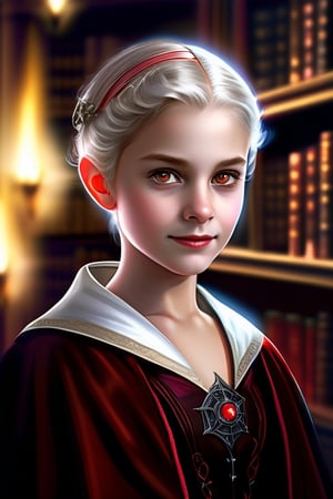 masterpiece, high definition, (photorealistic:1.2), raw photo, the most ethereal beautiful vampire princess in the diablo world, 1girl, youth face, white short hair, smiling on viewer, glowing red eyes, velvet dufflecoat attire, translucent appearance, hyperrealistic, a magical library in the world of the deceased, dramatic lighting