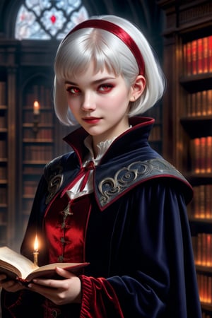 masterpiece, high definition, (photorealistic:1.2), raw photo, the most ethereal beautiful vampire princess in the diablo world, 1girl, youth face, white short hair, smiling on viewer, glowing red eyes, velvet dufflecoat attire, translucent appearance, hyperrealistic, a magical library in the world of the deceased, dramatic lighting
