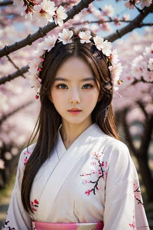 award-winning photography, cherry blossom theme, concept art style, medium shot, personalization of a female guardian of the cherry blossom kingdom, symmetric face, a 15-years-old breathtakingly beautiful japanese girl, ethereally glamorous face, pronounced facial features, expressive eyes, long hair manifest the elegancy, hyperrealistic, white furisode with black filigree, a young spirit, (studio lighting):1.4 ,xxmix_girl,FilmGirl