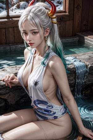 Girl, white hair, ice and snow, blizzard, handsome, frost on skin, snowflakes, Yamato, earrings,25yo ,hair stick, bare shoulders, japanese clothes, rope, sleeveless kimono, shimenawa, high ponytail, lewd, lewd angle ,large breasts, side boob, multicolored hair, light green hair, horns, light smile,YAMATO, lie on the floor,Hot spring bathing, water, wet clothes effect, wet body effect
