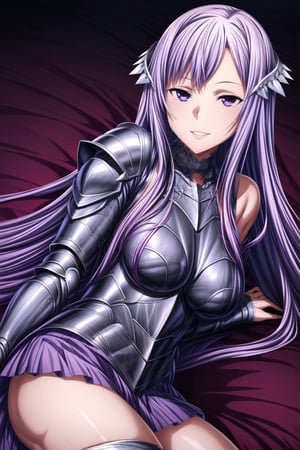 ((best quality, armored, armor, knight)),  ((highly detailed)),  masterpiece,  ((official art)), ultra-detailed,1girl, night, solo,  ((lying)), smile, looking at viewer, jewelry, parted lips, lips, evil smile, evil girl, crazy, masterpiece,edgGesugao,  (beautiful detailed girl), cowboy shot,  masterpiece, best quality, 1girl, solo, silicabase,  (purple_hair, long hair, purple colored hair, long flowing hair, bangs:1.2) ,violet_eyes, ((red armor)), pleated skirt, thighhighs, bare shoulders, ((breastplate)), anime_hair, flower_hair_ornament, ((Quinella)), ((average_breasts)), ((female_knight))
