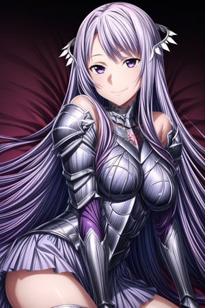 ((best quality, armored, armor, knight)),  ((highly detailed)),  masterpiece,  ((official art)), ultra-detailed,1girl, night, solo,  ((lying)), smile, looking at viewer, jewelry, open_mouth, evil smile, evil girl, crazy, masterpiece,edgGesugao,  (beautiful detailed girl), cowboy shot,  masterpiece, best quality, 1girl, solo, silicabase,  (purple_hair, long hair, purple colored hair, long flowing hair, bangs:1.2) ,violet_eyes, ((red armor)), pleated skirt, thighhighs, bare shoulders, ((breastplate)), anime_hair, flower_hair_ornament, ((Quinella)), ((average_breasts)), ((female_knight))