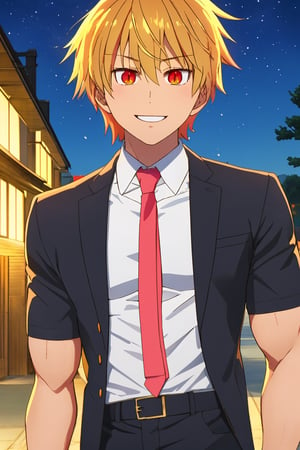 
Highly detailed.High Quality.Masterpiece. Beaitiful (tight medium shot).

Young man of 20 years old (similar to Tohru), with tanned skin, tall and with a great physique (muscular). She has short blonde hair and messy bangs with an orange gradient with pink tips on the side strands. It has large, slightly slanted, orange-red eyes (bright and well detailed). Basically his shirt and suit is like Tohru's, but he's a man, and black pants. He is alone, with a light and cheerful smile on his face enjoying a beautiful night of moonlight and bright stars in the sky.