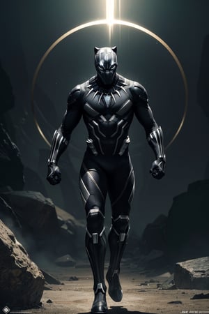 (best quality), (UHQ, 8k, high resolution), Generate a 3D rendering of a black panther superhero character donned in a futuristic suit with angular plates and a metallic sheen. backdrop of a deep black hue. The suit, constructed from vibranium, a rare and powerful metal, boasts the ability to absorb and redirect kinetic energy. Incorporate advanced features into the suit, including claws, cloaking capabilities, and communication devices,There is a big hole in the foot,A lot of dust is raised around,The background is green forest wilderness,Eyes glow strongly,Light shines around the body,Punch gesture