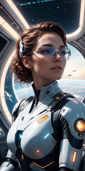 Generate hyper realistic image of a moment where a female cyborg mimics human emotions, such as laughter or a thoughtful expression, highlighting the challenges she faces in emulating the subtleties of genuine human emotional responses.close eyes,sunshine,sitting in a spacecraft,wear cool sci_fi vr glass,((space ship background)),((control digital screen)),futureskyline