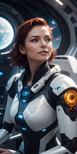 Generate hyper realistic image of a moment where a female cyborg mimics human emotions, such as laughter or a thoughtful expression, highlighting the challenges she faces in emulating the subtleties of genuine human emotional responses.close eyes,sunshine,sitting in a spacecraft,wear cool sci_fi vr glass,((space ship background)),((control digital screen)),futureskyline