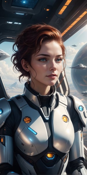 Generate hyper realistic image of a moment where a female cyborg mimics human emotions, such as laughter or a thoughtful expression, highlighting the challenges she faces in emulating the subtleties of genuine human emotional responses.close eyes,sunshine,driving in a spacecraft,((space ship background)),((control digital screen)),futureskyline