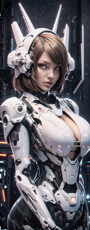 1girl, ultra realistic, super high resolutions, best quality, masterpiece, depth of field, realistic, photo-realistic, cinematic, young and beautiful female, 1mecha ,perfect face, fit, graceful, finely detailed beautiful face, 
  vibrant, kind, wise, (short brown bob hair in the air:1.38), head gear,with glass helmet, brilliant, artistic color palette, color grading, Extremely detailed, dynamic lighting, sharp, (open chest with braless:1.36), (big human breast:1.36), (long legs:1.34), many mechanical details, neon lighting from mechanical join,  (50mm lens wide shots:1.36), (front angle shots:1.38), (ful body:1.38), (complex, Machine background ,spaceship outdoors background, Mecha Transport parts:1.38), (dark and foggy environment:1.38),  ((heavy fog environment:1.38)), (battlefield behind:1.38),  perfect body figure, ultra big light brown eyes, big beautiful eyes, detailed eyes, detailed face, light makeup, seductive look, (front facing viewer:1.38), w,detailmaster2,emb3r4rmor, head gear, arm armor, leg armor ,mecha, SF2CL, Uniform,Mecha warrior,jump,Mecha,non-humanoid robot,neo-alien_nomad,sagging breasts