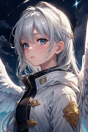 cute girl, cute lady, cloudy background, in the sky, golden white fantasy jacket, silver hair, angel girl, cute face,  starry sky, angel wings, wings, ambient lighting, cinematic lighting, clouds