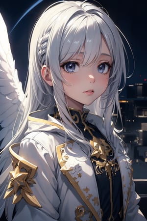 cute girl, cute lady, cloudy background, in the sky, golden white fantasy jacket, silver hair, angel girl, cute face,  starry sky, angel wings, wings, ambient lighting, cinematic lighting