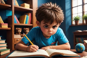 a kid studying at a room, a sad angry parents behind him, detailmaster2
