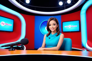 a tv presenter live on broadcasting, cute, in the tv decoration, detailmaster2