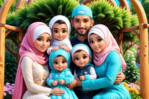 a detailed furry family of husband and wife and two kids, a beautiful muslim woman wife wearing hijab and a handsome man husband and a little boy and a little girl , cute, in the garden playground, detailmaster2, 