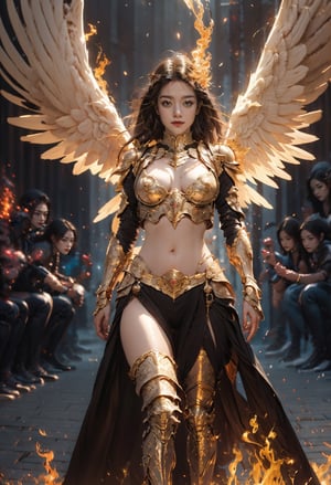 1girl, Female angel, Full body shot, frontal shot, floating in the air, looking at the camera, nude, There are fire red armors on the shoulders, waist and legs, Flames shine through the armor, (show pussy, tight and smooth pussy, show breasts, small pink nipples, small breasts,), Gothic cathedral with blazing fire in the background, cinematic palette, extra long silver hair, flying long hair,highest detailed, detailed and intricate, (Glowing ambiance, enchanting radiance, luminous lighting, ethereal atmosphere, mesmerizing glow, evocative hues, captivating coloration, dramatic lighting, enchanting aura),front_view, masterpiece, best quality, photorealistic masterpiece,best quality, epic cinematic, soft nature lights, rim light, absurd, itricate, hyper detailed, ultra realistic, exposure blend, bokeh, (hdr:1.4), high contrast, (cinematic),Angel,better_hands