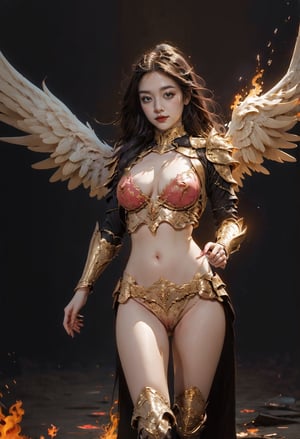 1girl, Female angel, nude, There are fire red armors on the shoulders, waist and legs, Flames shine through the armor, (show pussy, tight and smooth pussy, show breasts, small pink nipples, small breasts,), Gothic cathedral with blazing fire in the background, cinematic palette, extra long silver hair, flying long hair,highest detailed, detailed and intricate, (Glowing ambiance, enchanting radiance, luminous lighting, ethereal atmosphere, mesmerizing glow, evocative hues, captivating coloration, dramatic lighting, enchanting aura),front_view, masterpiece, best quality, photorealistic masterpiece,best quality, epic cinematic, soft nature lights, rim light, absurd, itricate, hyper detailed, ultra realistic, exposure blend, bokeh, (hdr:1.4), high contrast, (cinematic), ,Angel,More Detail,better_hands