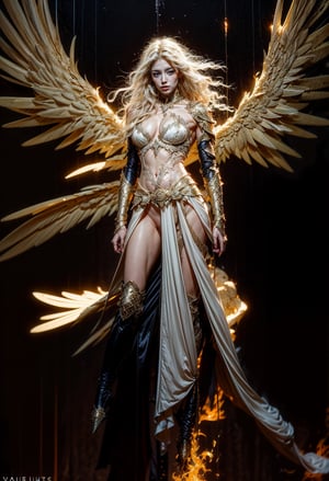 1girl, Female angel, Full body shot, frontal shot, floating in the air, looking at the camera, nude, (show pussy, tight and smooth pussy, show breasts, small pink nipples, small breasts,), There are red armors on the shoulders, waist and legs, Flames shine through the armor, Gothic cathedral with blazing fire in the background, cinematic palette, extra long silver hair, flying long hair,highest detailed, detailed and intricate, (Glowing ambiance, enchanting radiance, luminous lighting, ethereal atmosphere, mesmerizing glow, evocative hues, captivating coloration, dramatic lighting, enchanting aura),front_view, masterpiece, best quality, photorealistic masterpiece,best quality, epic cinematic, soft nature lights, rim light, absurd, itricate, hyper detailed, ultra realistic, exposure blend, bokeh, (hdr:1.4), high contrast, (cinematic),Angel,1 girl