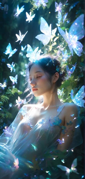 Cinematic of (fairy girl), cool_vibe, small_nose, (范冰冰), realistic artwork, high detailed, professional, upper body photo of a transparent porcelain cute creature, with glowing backlit panels, anatomical plants, dark forest, grainy, shiny, with vibrant colors, colorful, ((realistic skin)), glow surreal objects floating, ((floating:1.4)), contrasting shadows, photographic, niji style, 1girl, xxmixgirl, FilmGirl, aura_glowing, colored_aura, Movie Still, final_fantasy_vii_remake, ((big_breast:1.1)), transparent_clothing, (transparent_butterflies are part of her body), sleeping:1.4, butterfly_helmet, ((depth_of_field))