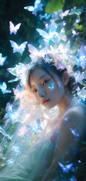 Cinematic of (fairy girl), cool_vibe, small_nose, (范冰冰), realistic artwork, high detailed, professional, upper body photo of a transparent porcelain cute creature, with glowing backlit panels, anatomical plants, dark forest, grainy, shiny, with vibrant colors, colorful, ((realistic skin)), glow surreal objects floating, ((floating:1.4)), contrasting shadows, photographic, niji style, 1girl, xxmixgirl, FilmGirl, aura_glowing, colored_aura, Movie Still, final_fantasy_vii_remake, ((big_breast:1.1)), transparent_clothing, (transparent_butterflies are part of her body), sleeping:1.4, butterfly_helmet, ((depth_of_field))