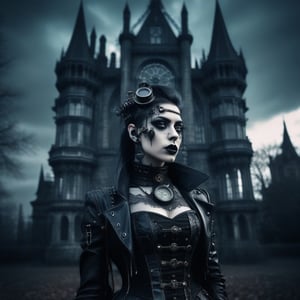 gothic aesthetics, a combination of styles, gothic combined with steampunk, double exposure photography, Gothic castle in the twilight zone, cyborg vampire with iron vampire fangs, gothic cyberpunk, (gothic:1.3) in combination with (steampunk:1.3), dark palette and Gothic palette, 32K high resolution, High definition, double exposure, steampunk cyborg