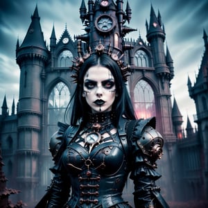 gothic aesthetics, a combination of styles, gothic combined with steampunk, double exposure photography, Gothic castle in the twilight zone, cyborg vampire with iron vampire fangs, gothic cyberpunk, (gothic:1.3) in combination with (steampunk:1.3), dark palette and Gothic palette, 32K high resolution, High definition, double exposure, steampunk cyborg,more detail XL