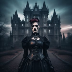 gothic aesthetics, a combination of styles, gothic combined with steampunk, double exposure photography, Gothic castle in the twilight zone, cyborg vampire with iron vampire fangs, gothic cyberpunk, (gothic:1.3) in combination with (steampunk:1.3), dark palette and Gothic palette, 32K high resolution, High definition, double exposure, steampunk cyborg