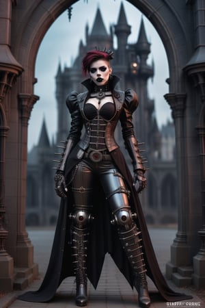 gothic aesthetics, a combination of styles, gothic combined with steampunk, Gothic castle in the twilight zone, cyborg vampire with iron vampire fangs, full pose, full body,  gothic cyberpunk, (gothic:1.3) in combination with (steampunk:1.3), dark palette and Gothic palette, 32K high resolution, High definition, steampunk cyborg