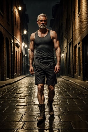 1man, handsome, grey hair, thin beard, athletic, wearing a tank top, summer short pants, boots, 1920s vibe, gangster style, standing in the cobblestone street, rainy, misty, foggy, vintage, depth of field, bokeh, into the dark, deep shadow, cinematic