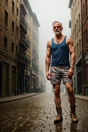 1man, handsome, grey hair, thin beard, athletic, wearing a tank top, summer short pants with floral motif, boots, 1920s vibe, gangster style, standing in the cobblestone street, rainy, misty, foggy, vintage, depth of field, bokeh, into the dark, deep shadow, cinematic